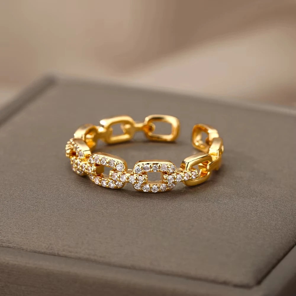 Luxus Zirkon Twist Kette Offene Ringe Für Frauen Edelstahl Gold Farbe Geometrische Ring Vintage Ästhetischen Schmuck Geschenk femme