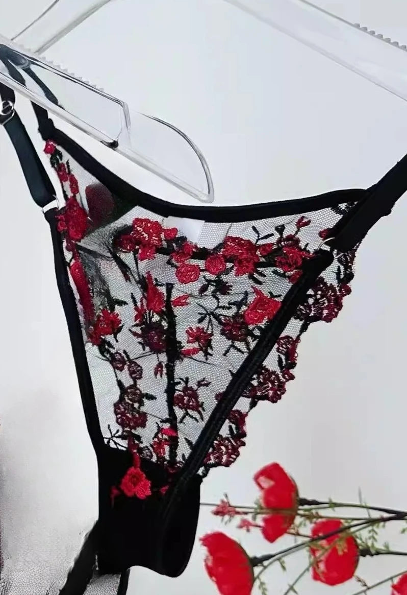 Französisches Blumen-BH-Set für Damen |   Süßes sexy transparentes Mesh-Spitze-Set, transparentes Unterwäsche-Set |   Praktisches und feminines MOYISU Sexy Höschen-Set