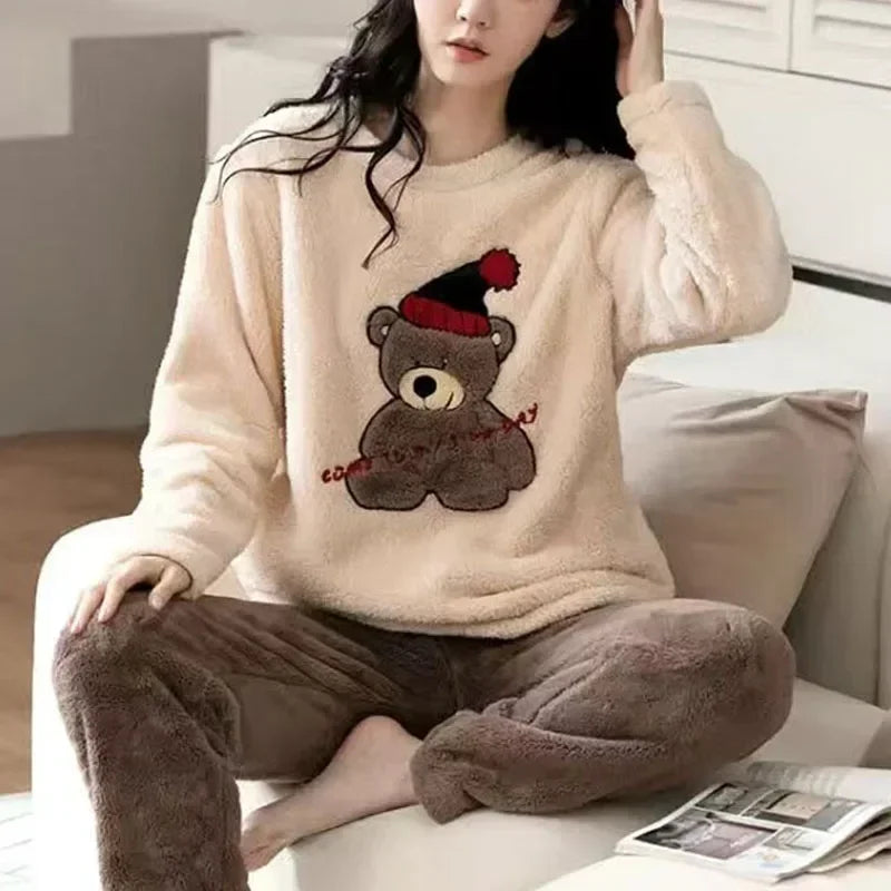 2-teiliges Set, verdicktes Langarm-Hosenset, Paar-Loungewear, Damen-Flanell, Cartoon-Bär, grau, zweiteiliges Set, Nachtwäsche, Homewear