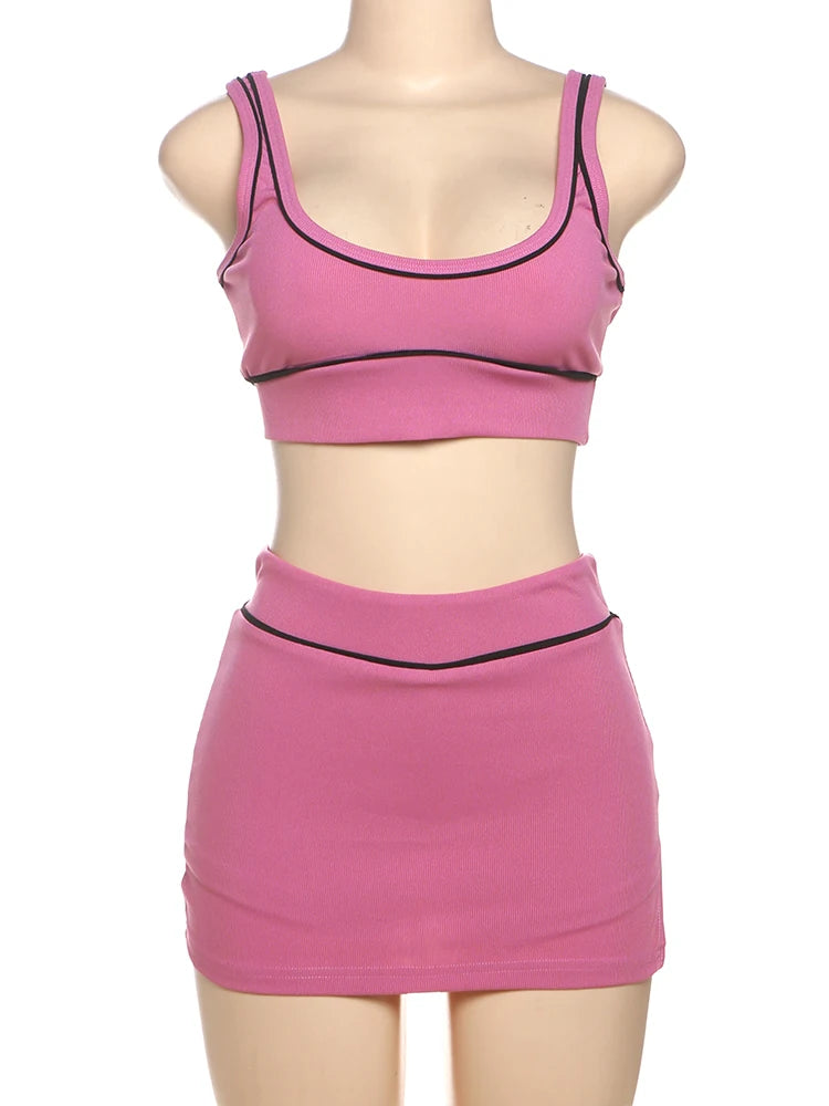 Nibber Skinny geripptes 2-teiliges Set für Damen, schwarze String, rückenfreie Tanktops + seitlich geteilte Shorts, Rock, 2022, Sommertrend, passende Anzüge