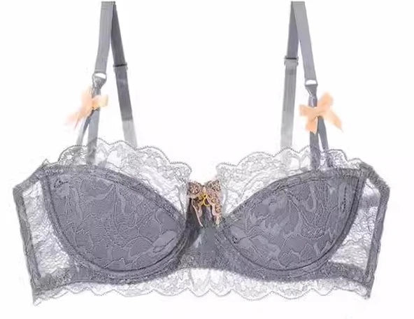 Sexy Push-up-BH-Set aus französischer Spitze für kleine Brüste, Anti-Durchhänger-Dessous-Set mit halben Körbchen und Höschen, durchsichtige verstellbare Träger