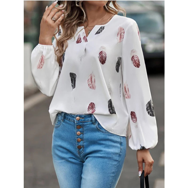 Mode Frau Bluse Shirts Für Frauen Stilvolle Top langarm Feder Muster Weibliche Tops Elegante Chiffon Mujer Frau Kleidung