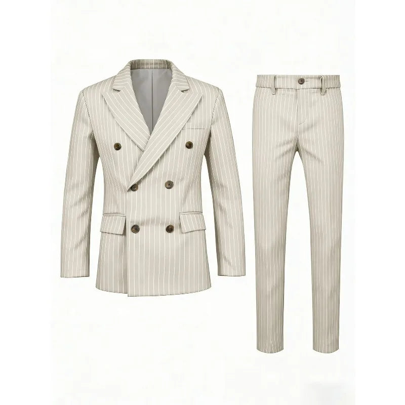 KIDWHXR Herren 2-teiliges Set Doppelreihiger Langarm-Blazer Gerade Geschnittene Hose Gestreifter Business-Hochzeits-Party-Anzug