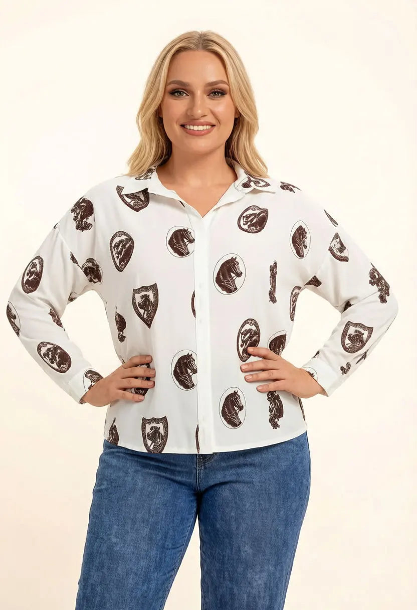 Damen Vintage Bluse mit Pferdemuster Langarm Satin-Hemd Lässiger V-Ausschnitt Knopfleiste Elegantes Büro-Arbeitskleidung