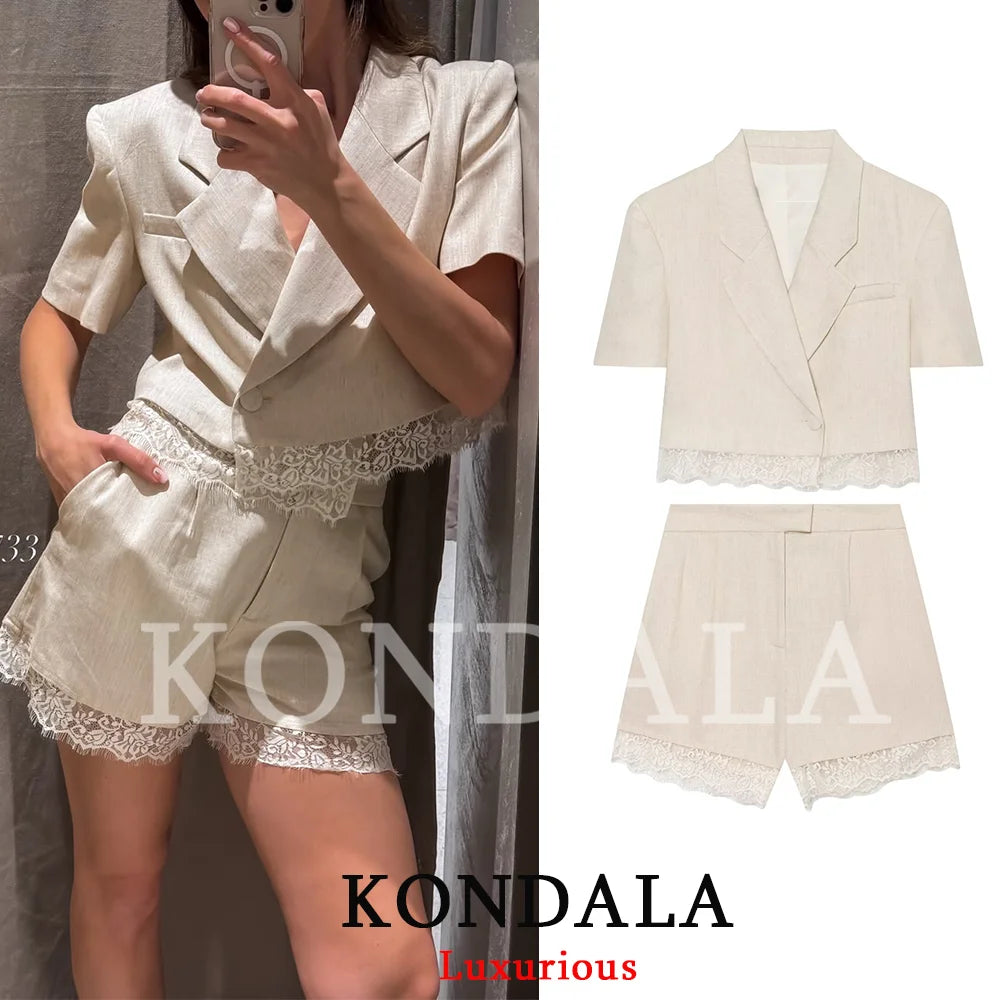 KONDALA Lässiger Chic Damen-Anzug mit V-Ausschnitt, Einknopf-Blazer, Kurze Spitzenblazerjacke, Reißverschlusstaschen, Shorts, Modisches 2026 Frühling-Sommer-Set