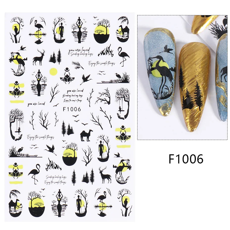 1PCS Schwarz Weiß Schmetterling Laser Nagel Aufkleber Y2K Nail art Dekoration Abstrakte Linien Bronzing Blumen Aufkleber Für Nägel