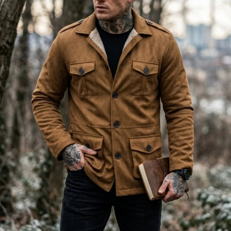 Winter-Arbeitsjacke für Herren, Kunstwildleder, Mehrzwecktaschen, Lässige Outdoor-Wanderjacke, Herren-Kunstwolljacke für den Winter