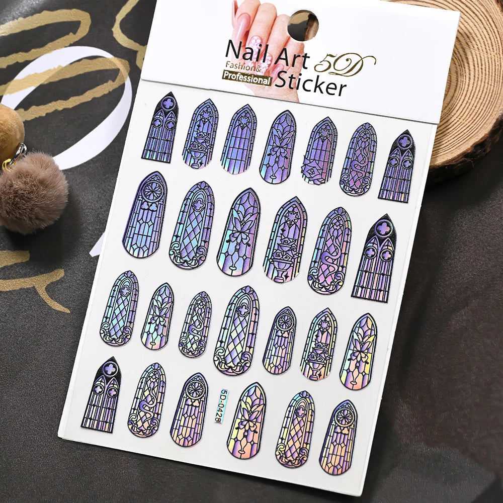 1/3 Stück 5D Aurora Buntglas-Nagelaufkleber Buntes Fenster-Rokoko-Blumenmuster Nagelkunst-Aufkleber DIY Maniküre Gotische Dekoration