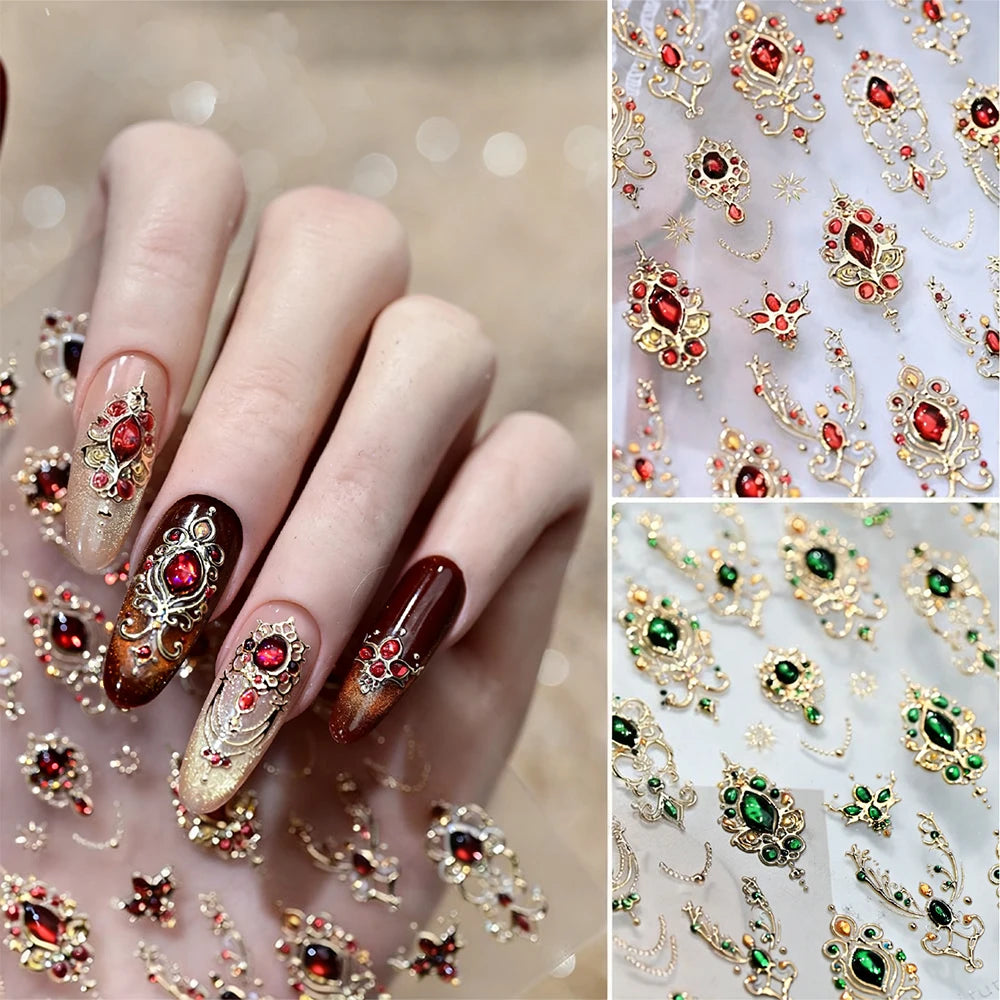 5D Grüner Edelstein Luxus Nail Art Aufkleber Bronzing Barock Halskette Rahmen Nagelschieber Selbstklebend Höflich Retro Nagelaufkleber Dekor
