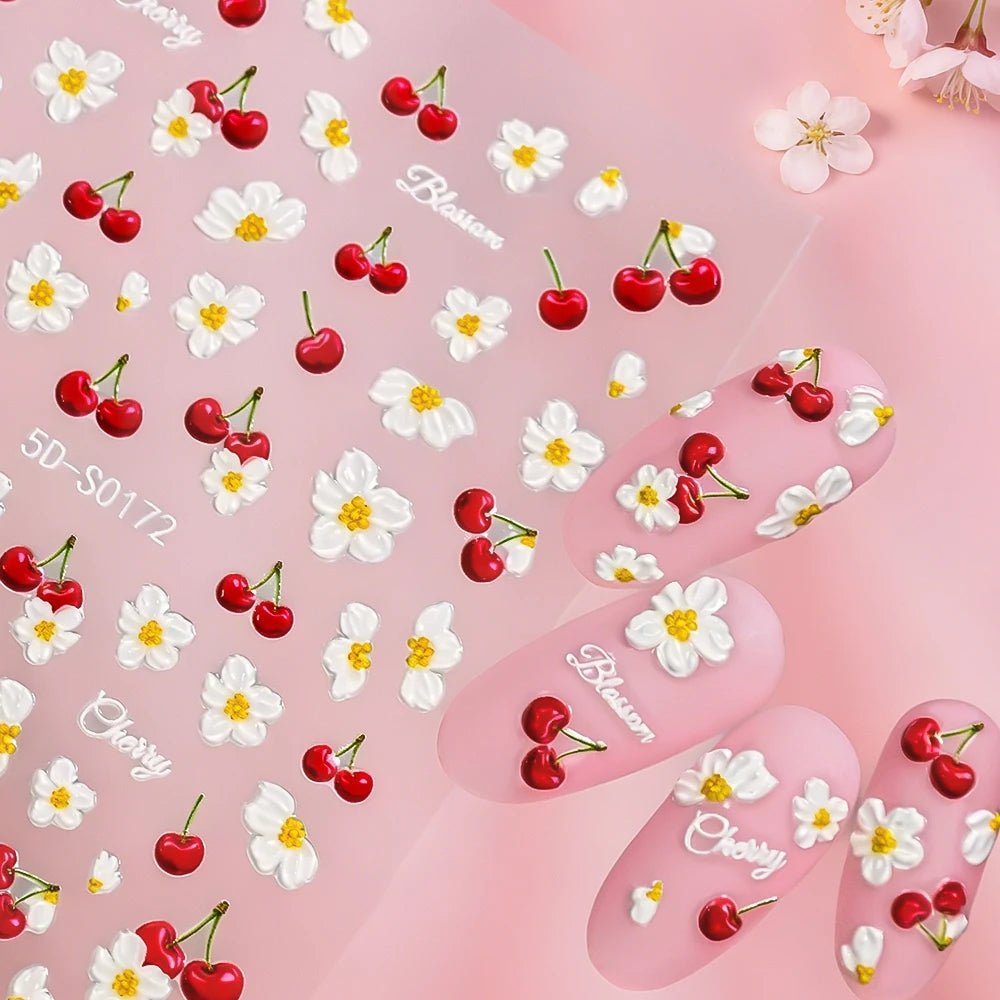 1 Stück 5D Kirschblüten-Nagelaufkleber, Niedliche 3D Rote Kirsche Weiße Blume Selbstklebende Nagelkunst-Sticker, Sommer DIY Maniküre-Dekoration