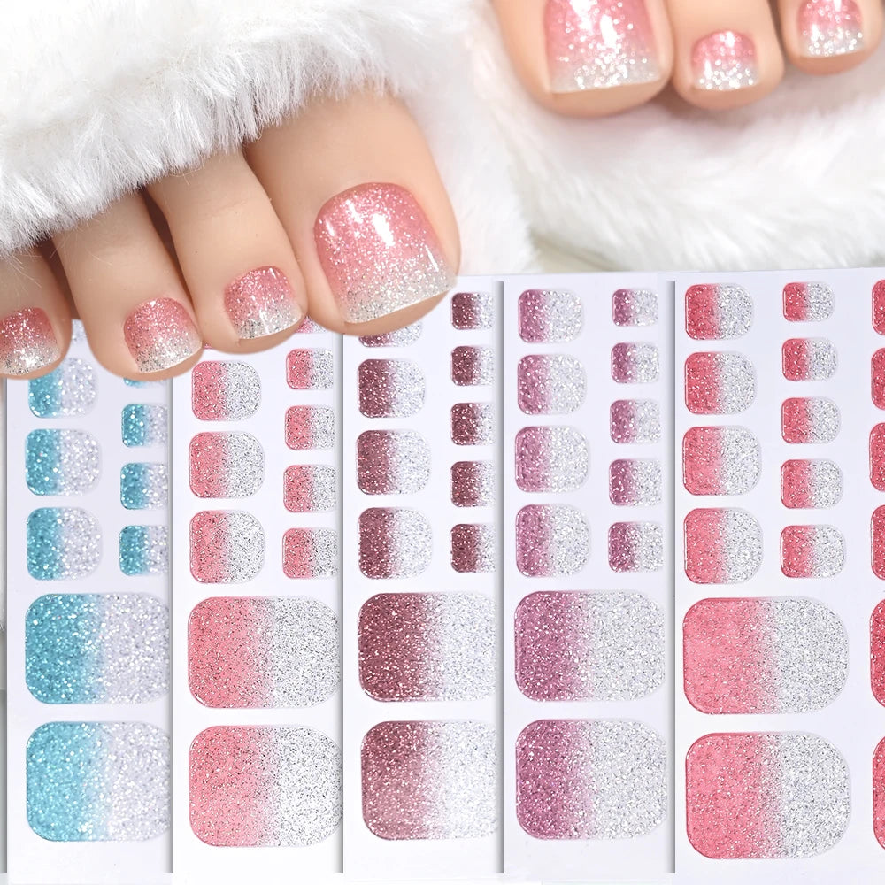 22 Tipps Ombre Glitzer Zehennagel Aufkleber Backen Kostenloser wasserdichter Aufkleber Vollständige Abdeckung Fuß Zehennagel Aufkleber Selbstklebende Maniküre Aufkleber