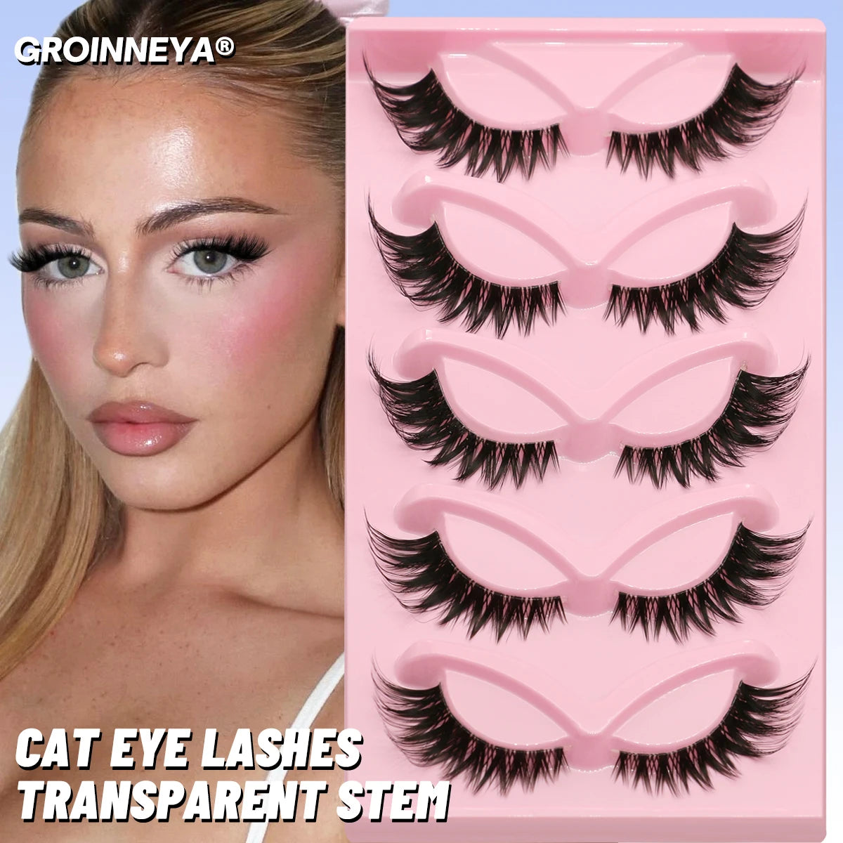 GROINNEYA Katzenaugen-Wimpern, 5 Paar, natürliche künstliche Wimpern, klare Band-Wimpern, natürliches, langes, geflügeltes Ende, längliche Wimpern, Make-up