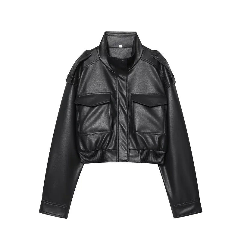 MUJER Kurze Jacke aus Kunstleder für Damen, Bomberjacke für die Halbsaison für Damen, langärmelig, Damenmäntel, Manteljacke mit Reißverschluss, Damen