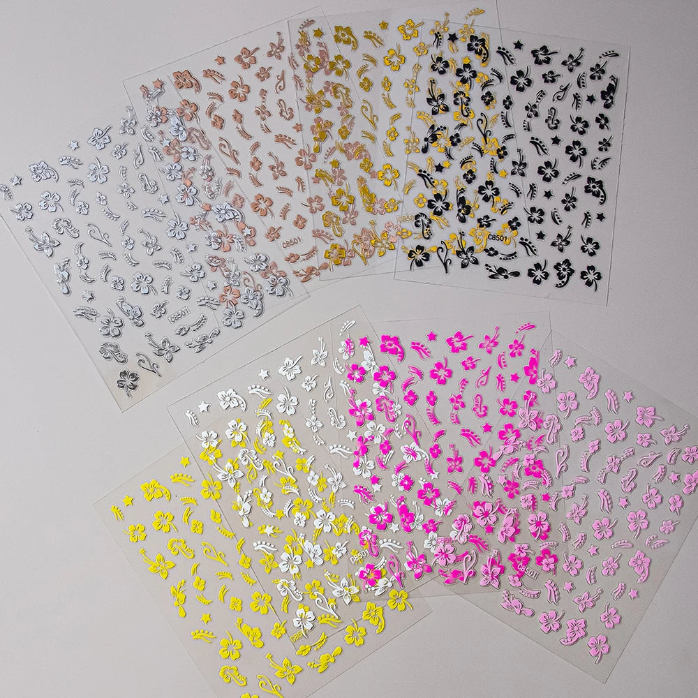 1/4/8 Stück 3D Hibiskus-Blumen Nagelaufkleber in Gemischten Farben Weiß Schwarz Rot Rosa Gold Silber Blühende Blütenblätter Selbstklebende Abziehbilder für Nägel