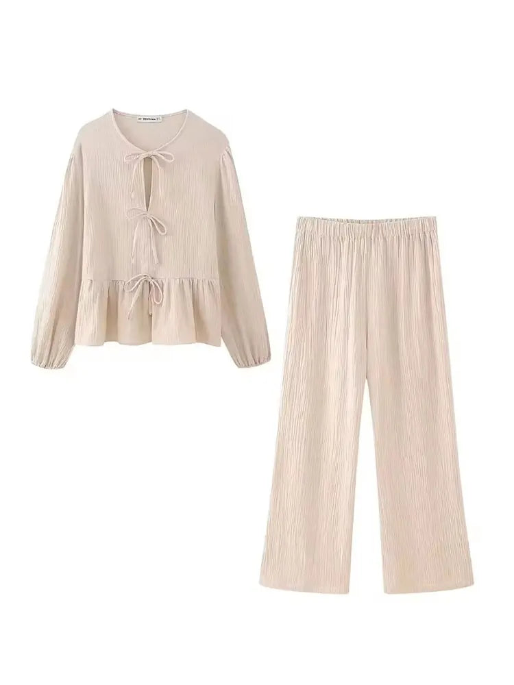 HH Damen Elegantes Einfarbiges 2-Teiliges Outfit O-Ausschnitt Schnürung Langarm-Bluse & Weite Hosen Set Lässiger Frühlingsanzug