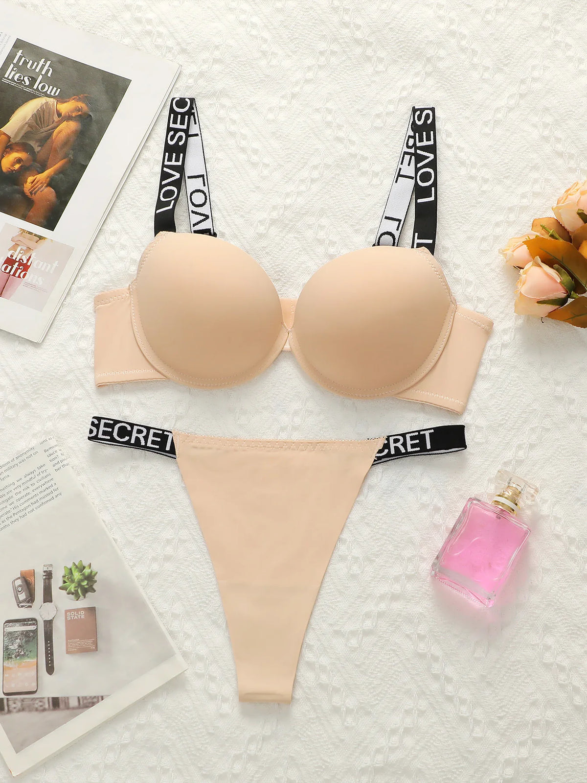 Push-up-BH-Set, Unterwäsche-Set, einfarbiges Set, Damen-Set mit Buchstabenmuster, geeignet für Schönheiten mit kleiner Brust, sexy Set B2050