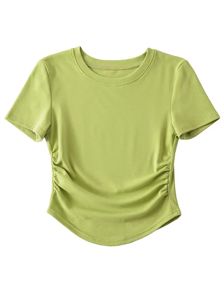 Harajuku Damen-T-Shirt aus Baumwolle mit Rundhalsausschnitt und gerüschten Seitendetails