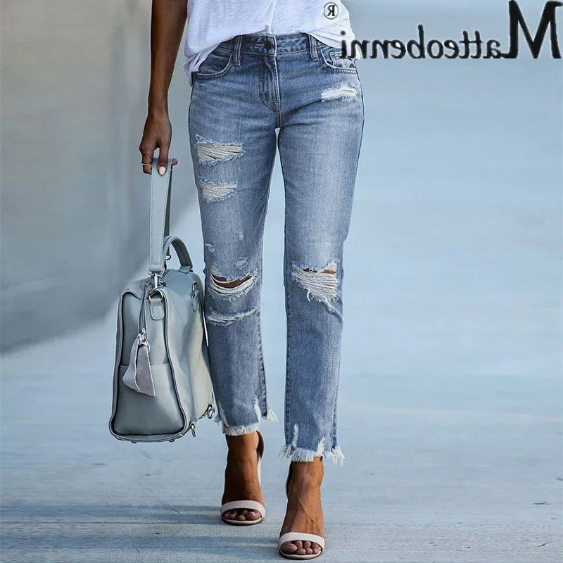 Mode gebrochene Löcher Quaste gerade Jeans Damen Mitte der Taille Knopf Spleißen Jeans hose Damen Trend Streetwear Freizeit hose