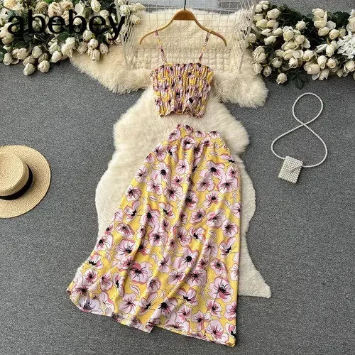 2026 Urlaubs-Blumendruck, zweiteilige Anzüge, Reißverschluss-Design, schmales Tank-Top + A-Linie, langer Rock, Vintage-Böhmische Strand-Sets