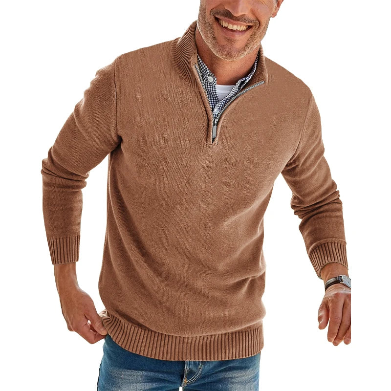 Herren-Pullover mit Viertelreißverschluss, langärmelig, schmale Passform, Stehkragen, lässiger Strick-Polo-Pullover, warmer Rollkragenpullover für den Winter