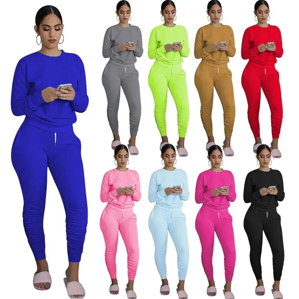 Neues Rundhals-Langarm-Slim-Fit-warmes Oberteil mit elastischem Bund und Schnürhose, einfaches einfarbiges Sport-Zweiteiler-Set