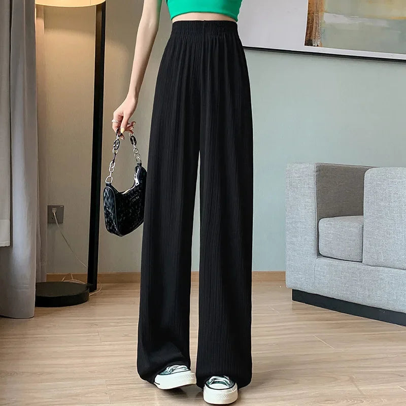 2025 Korea Dongdaemun Eis Seide Breite bein Hosen frauen Dünne Abnehmen Boden Hosen Weiß Gestreiften Hosen Y2K Mode hosen Baggy