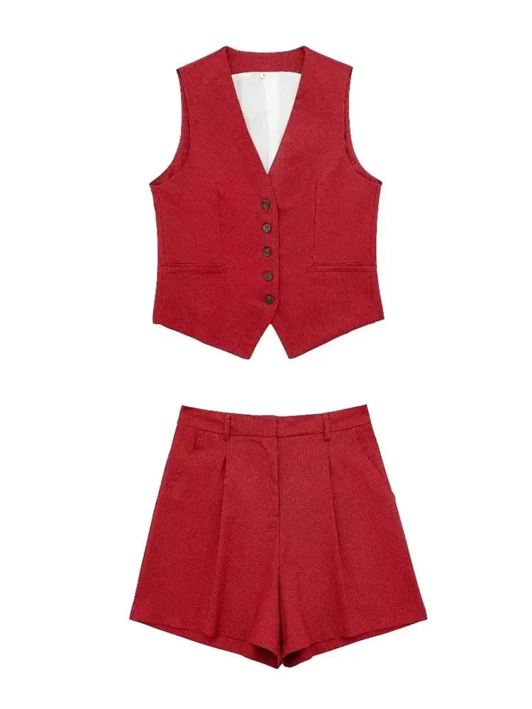 HH 2024 Frauen Mode Rote Weste Shorts Sets Einreiher V-ausschnitt Westen Tops Zipper Fly Hose Frau Sommer Casual solide Anzug