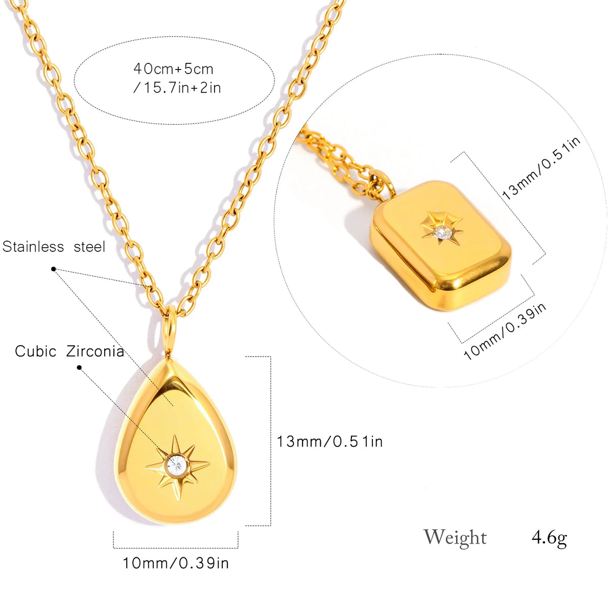 Exquisite Briolette- und quadratische Anhänger-Halskette für Damen |   Hypoallergene, 18 Karat vergoldete Kette aus poliertem Edelstahl