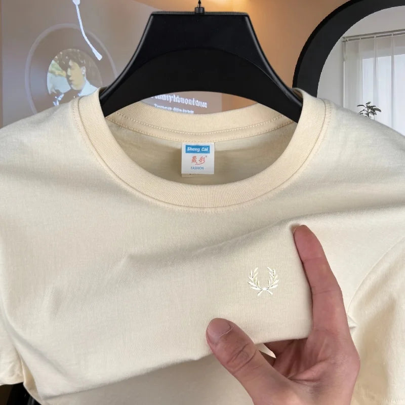 100% reine Baumwolle, hochwertiges Marken-Herren-T-Shirt mit Rundhalsausschnitt und kurzen Ärmeln, Sommermode, luxuriöses Weizen-Stickerei-Design, lässiges T-Shirt