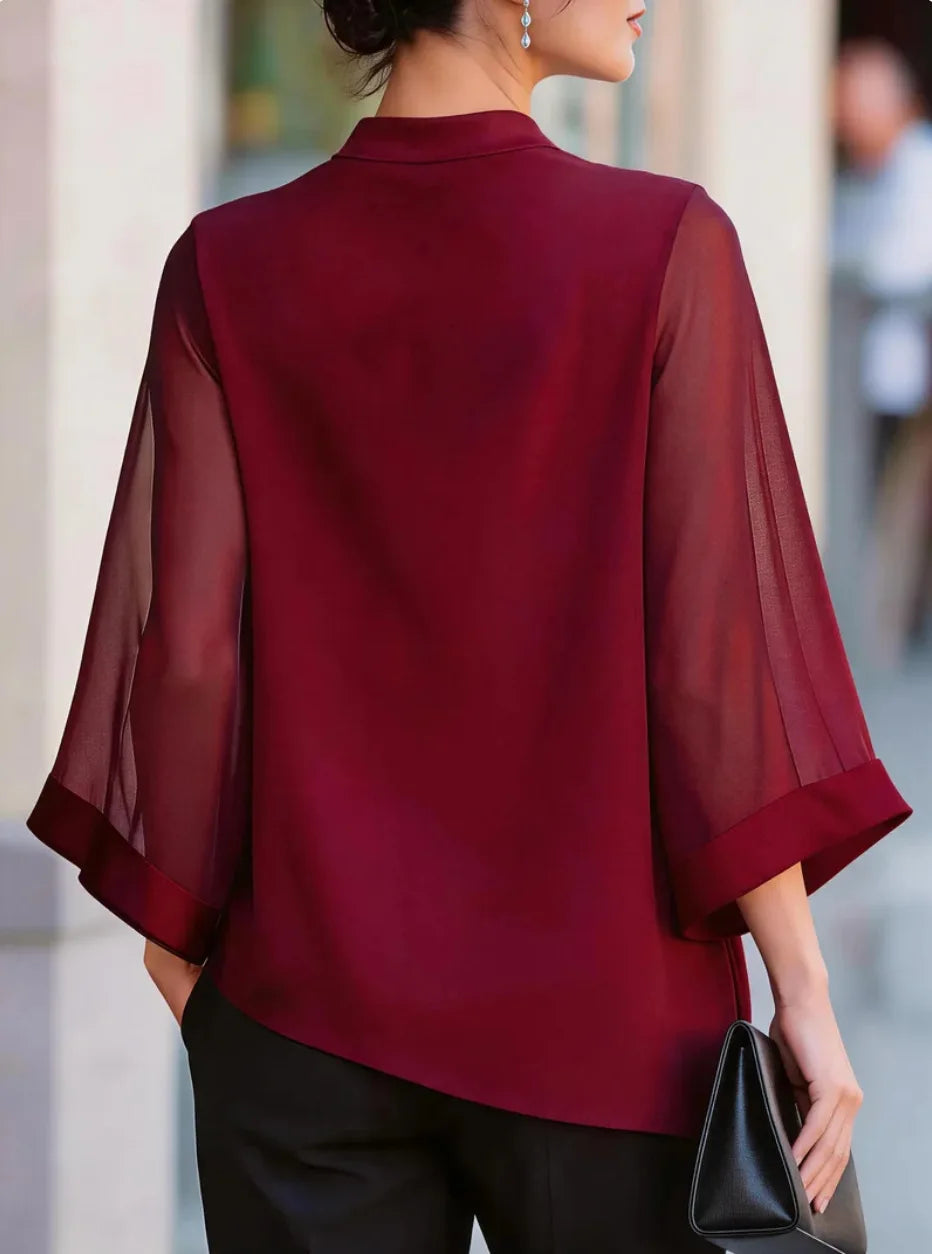 Dreiviertel-Ärmel Transparente Satin-Bluse Locker Geschnittener Asymmetrischer Saum Elegante Bürokleidung Damen Freizeithemd