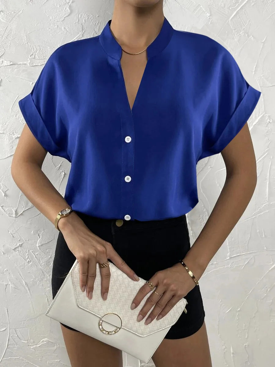 Sommer Neue V-ausschnitt Pullover Kurzarm Weibliche Einfarbig Casual Shirt frauen Kleidung 2024 Taste Büro Dame Bluse Tops