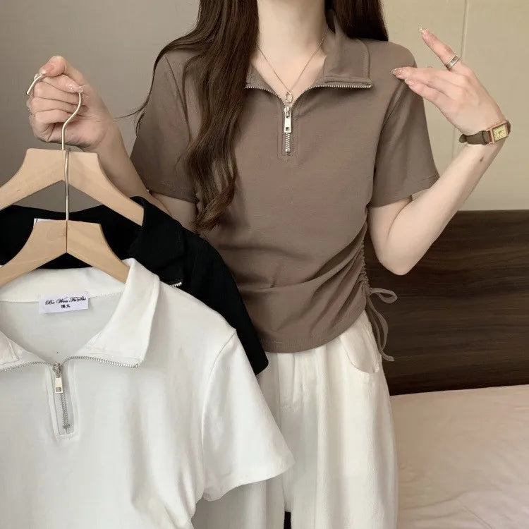 Damen Halbzip-Poloshirt Sommer Kurzarm Gerafftes Crop-Top mit Kordelzug Slim Fit Casual für Damen