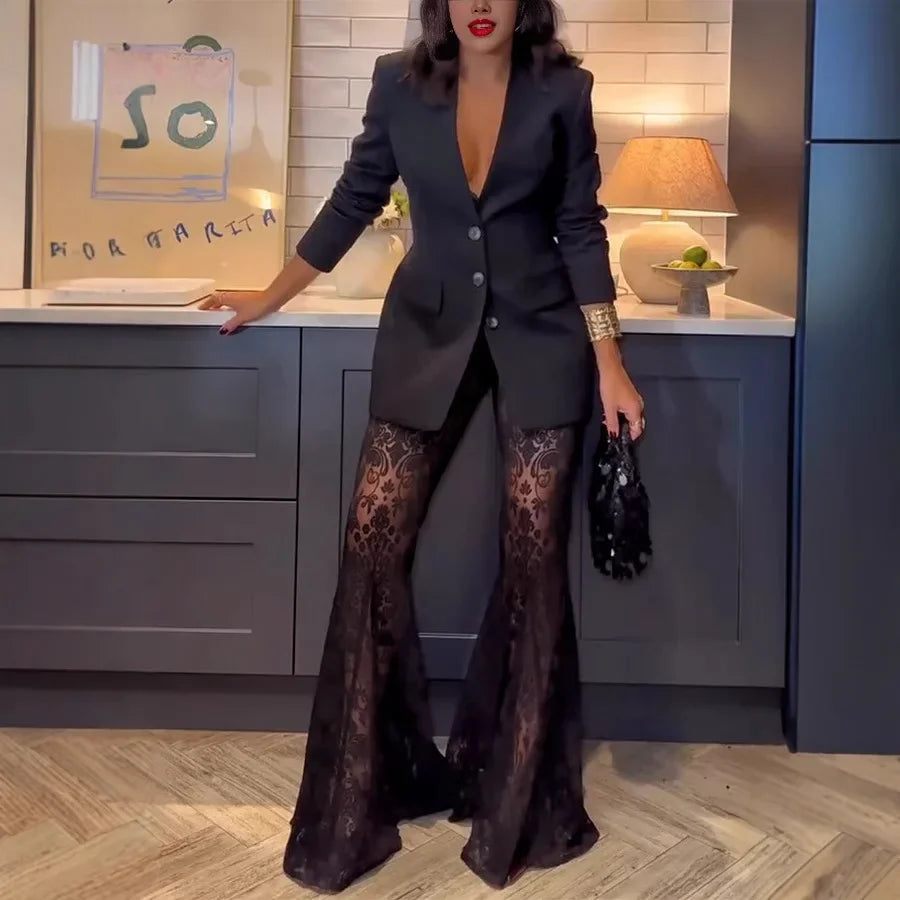Frauen Mode Elegante Blazer Jacquard Spitze Hosen Sets Schlank Taste Volle Hülse Anzug Jacke Lange Flare Hosen Dame Party Outfits