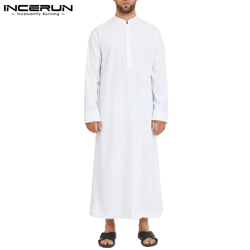 INCERUN Muslimische Männer Jubba Thobe Solide 2024 Langarm Dünne Roben Kaftan Stehkragen Islamische Arabische Mode Männer Kaftan S-5XL