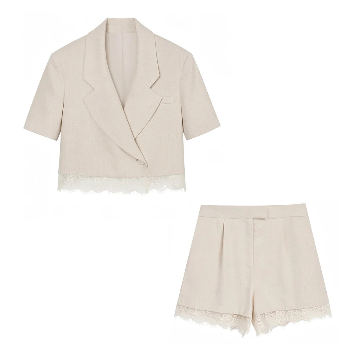 KONDALA Elegantes Damen-Frühlingsoutfit 2026: Spitzenanzug mit Einknopf-Blazer und Plissee-Mini-Shorts – Modisches Büro-Set für Damen