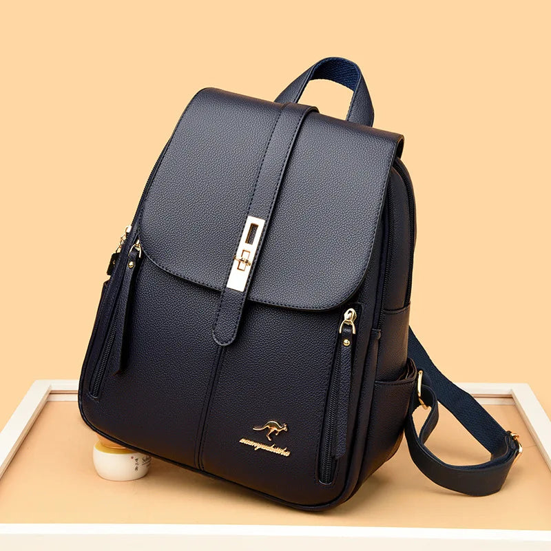 Eleganter weinroter Lederrucksack für Damen, diebstahlsicherer Tagesrucksack mit mehreren Taschen und Logo, stilvolle Reise- und Alltags-Umhängetasche