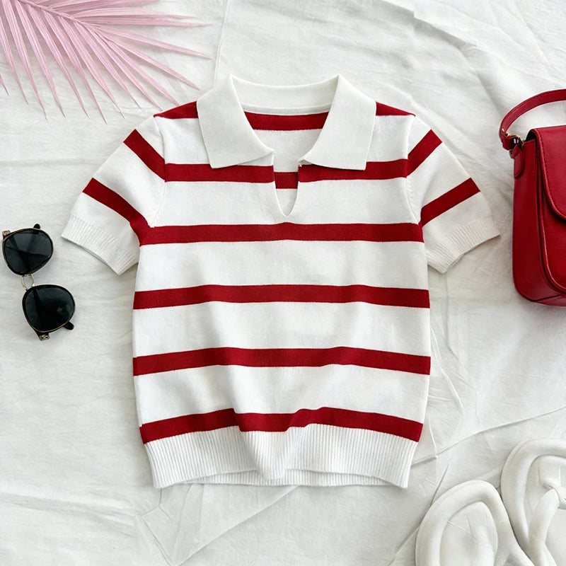 Rot-Weiß Gestreiftes Sommer-Strick-Poloshirt für Damen, Kurzarm-Hemd mit Kragen, Leichtes Elastisches Casual Tägliches Strick-Oberteil