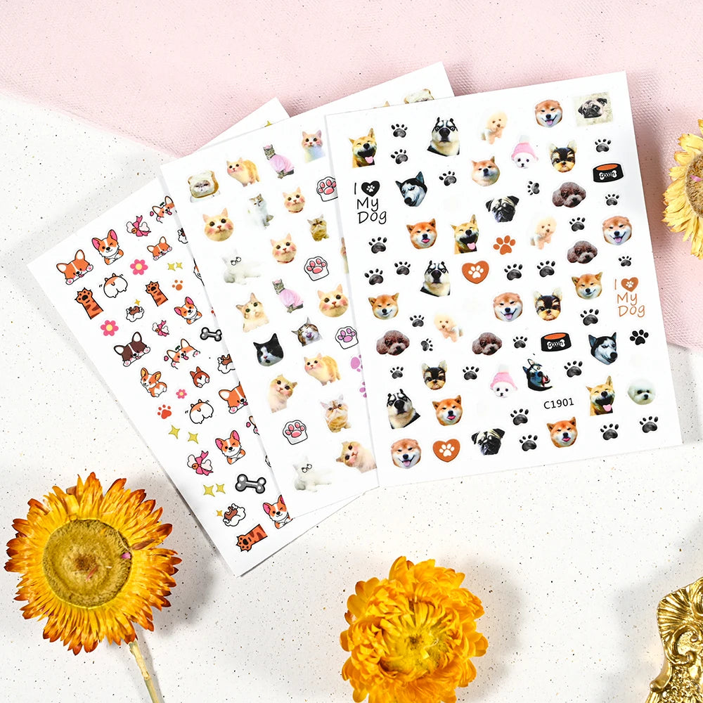 1Pc 3D Cartoon Nette Katze Nagel Kindliche Aufkleber Nette Kitty Welpen Hund Selbstklebende Nail art Haustier Tiere Maniküre schöne Aufkleber *