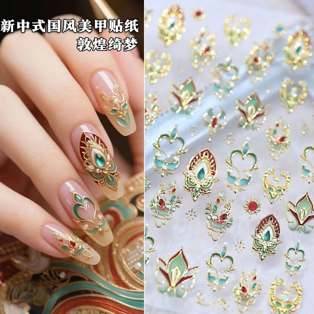 5D Luxus Gold Zepter Nail Art Aufkleber Wunderschöner Edelstein Elegantes höfischer Muster Deca Halskette Rahmen Selbstklebender Nagelaufkleber