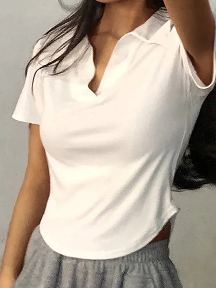 Sommer Kurzarm Revers Top Frauen Solide V-ausschnitt Pullover Retro Süße Shirts Heiße Mädchen Crop Top Weibliche Dünne Vielseitig t