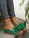 2026 Sommer Damen Grüne Blumen-Keilsandalen mit offener Zehenpartie, bequeme, atmungsaktive Freizeitschuhe für draußen, rutschfeste Sohle