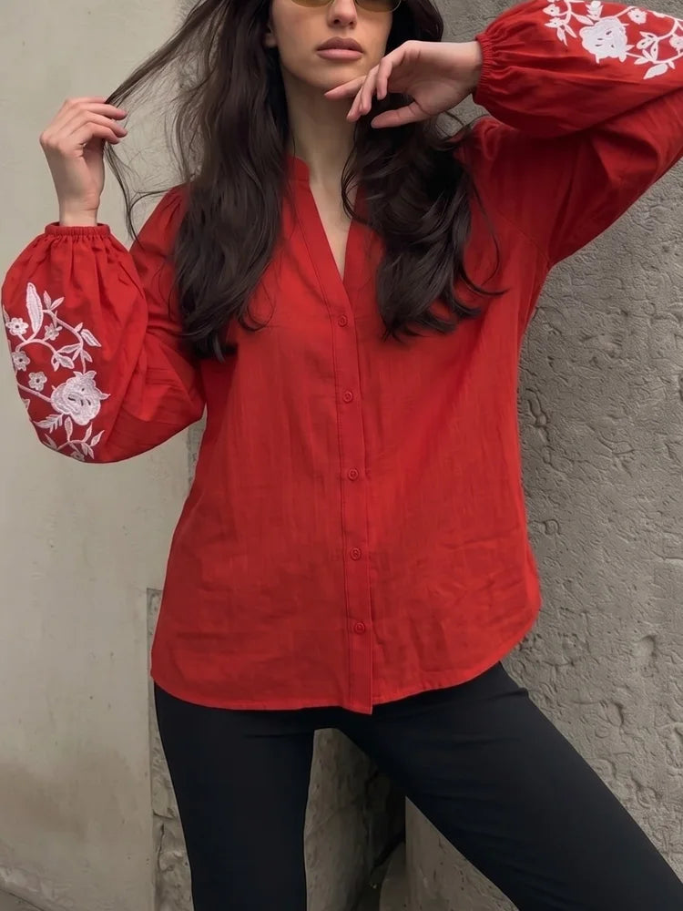HH Damen Mode Bluse mit Blumenstickerei, Lässiger V-Ausschnitt, Langarm-Shirt, Streetwear, Rote Oberteile, Y2K-Top