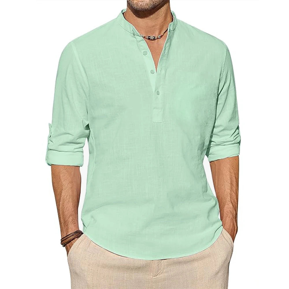 Neue Baumwoll-Leinen-Hemden für Herren, Freizeithemden, leichtes, langärmliges Henley-T-Shirt, einfarbige Langarm-Tops, aufrollbar