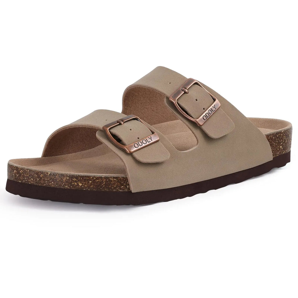 Crestar Damen-Hausschuhe mit Korkfußbett, Sommer-Paar, verstellbare Doppelschnallen, flache Sandalen, Outdoor-Kork-Strandrutschen mit offener Spitze