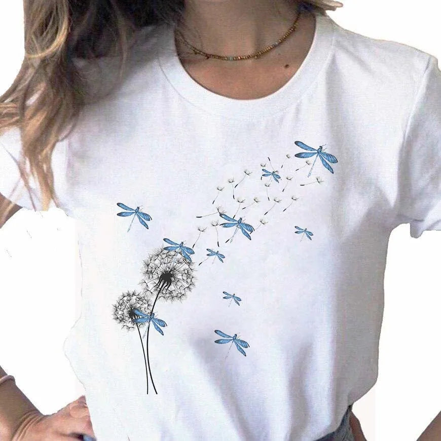 Neue Löwenzahn gedruckt Frauen T-Shirt Cartoon Grafik gedruckt schwarz Damen T-Shirt lässig Frau Shirt lustige T-Shirts