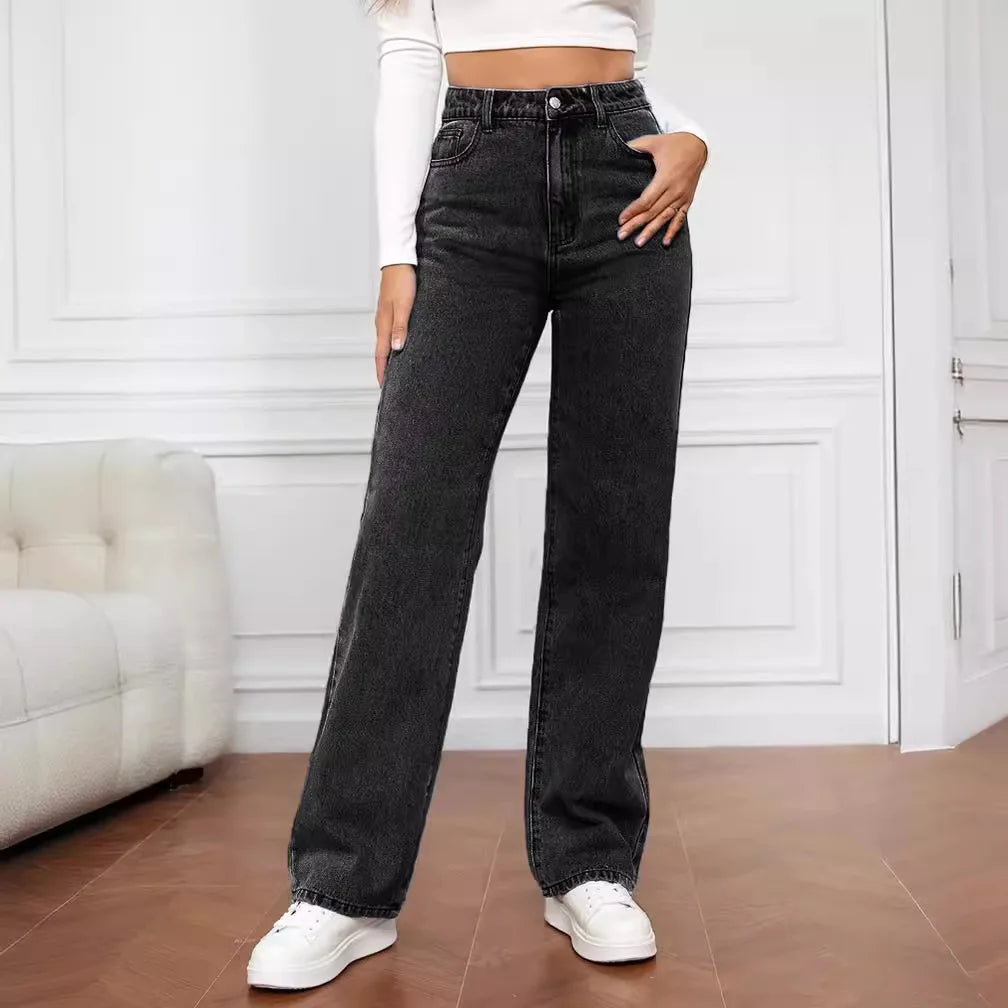 Mode Retro Blue Jeans Damen Y2K High Street Baggy gerade Hose Hoch taillierte All-in-One-dünne Hose