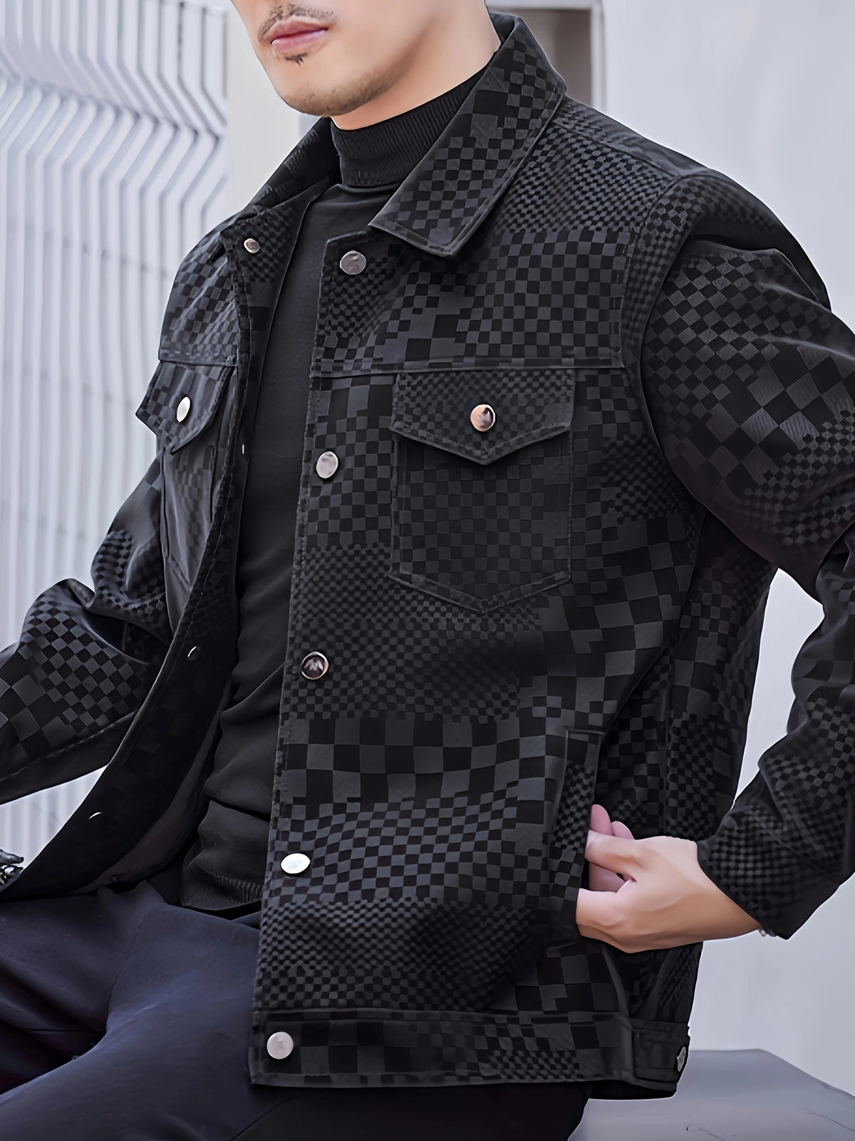 Herren Freizeitjacke mit Schachbrettmuster, Reverskragen, Langen Ärmeln und Vordertaschen - Warme Fleece-gefütterte Oberbekleidung für Herbst & Winter