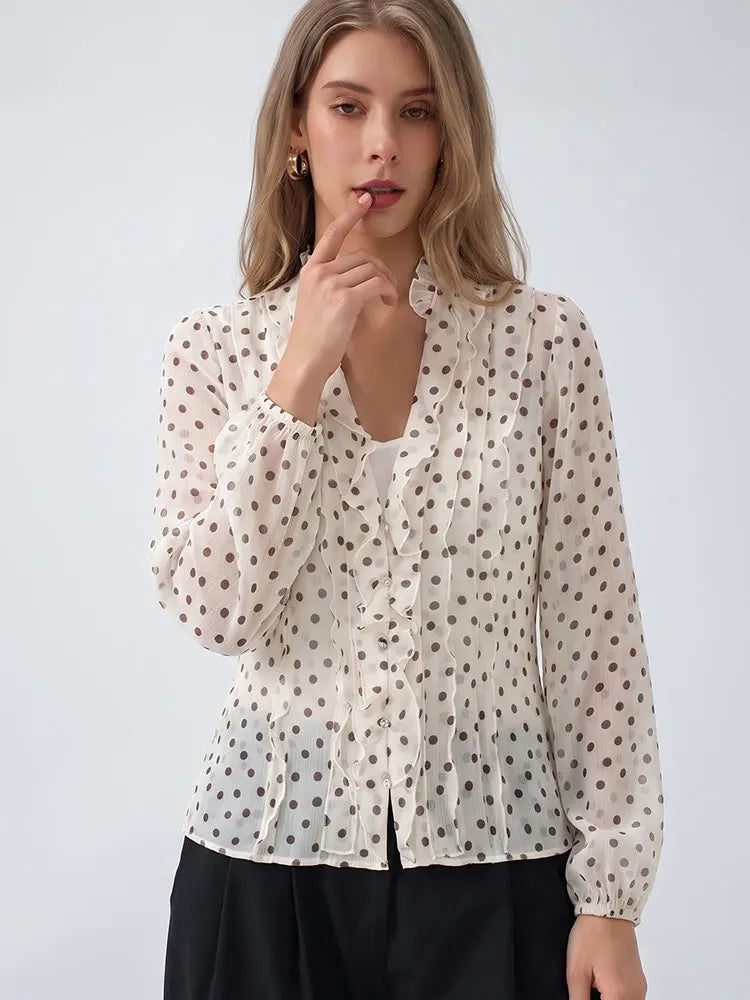 HH Damen Romantische V-Ausschnitt Polka Dot Bluse mit Puffärmeln, lässige einreihige elegante Party-Oberteile, Sommer Strand Urlaub Hemd