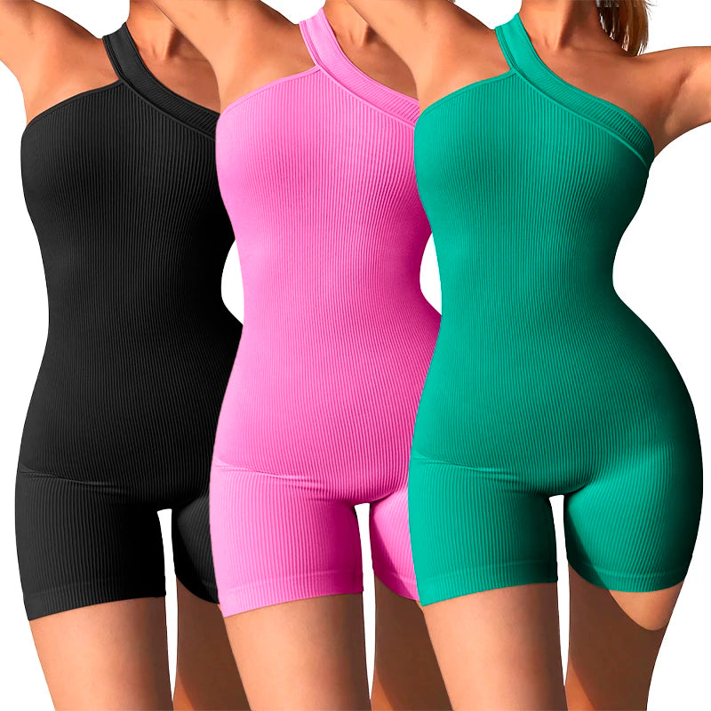 Damen-Yoga-Strampler, einteilig, Bauchkontrolle, nahtlos, gerippt, Overall, eine Schulter, einteilig, modisch, Fitness, Sportbekleidung