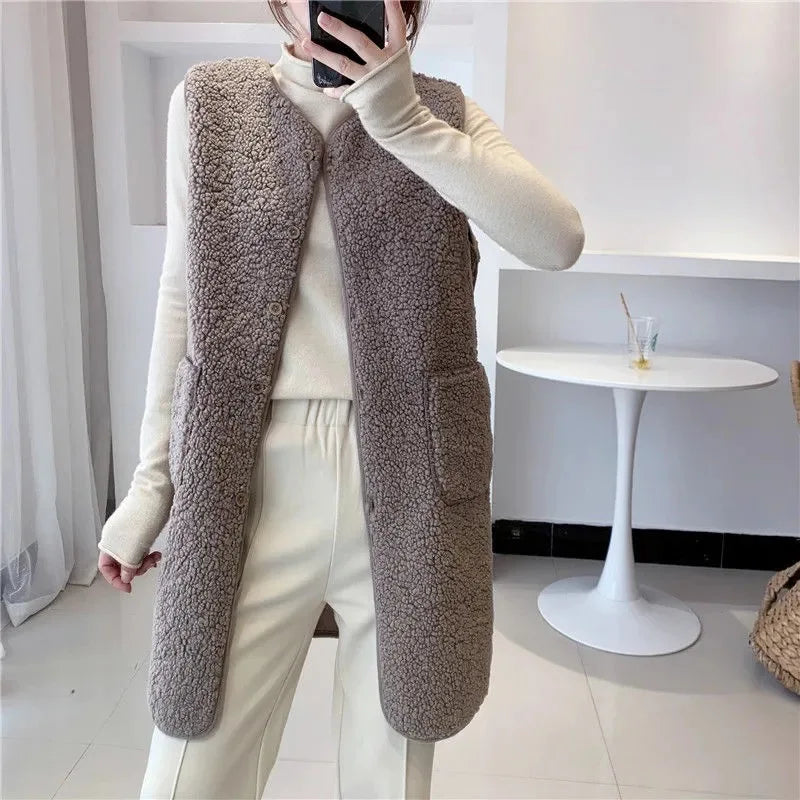 Frauen Herbst Winter Faux Lamm Pelz Weste Reine Weiche Taschen Taste Mid-länge Stil Weste Lose Beiläufige Fleece Strickjacke tücher